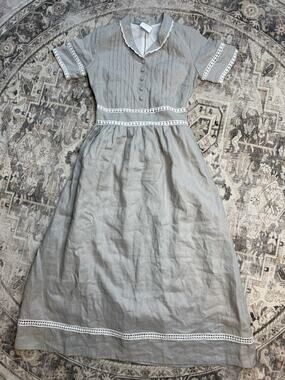 VTG Rockabilly Dress Vintage A-line Linen Gray sz 2 Embroidered Prairie Gunn Sax